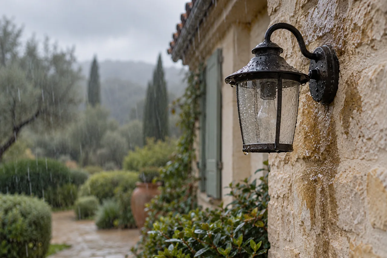 Applique extérieure sur une façade de maison exposée à la pluie